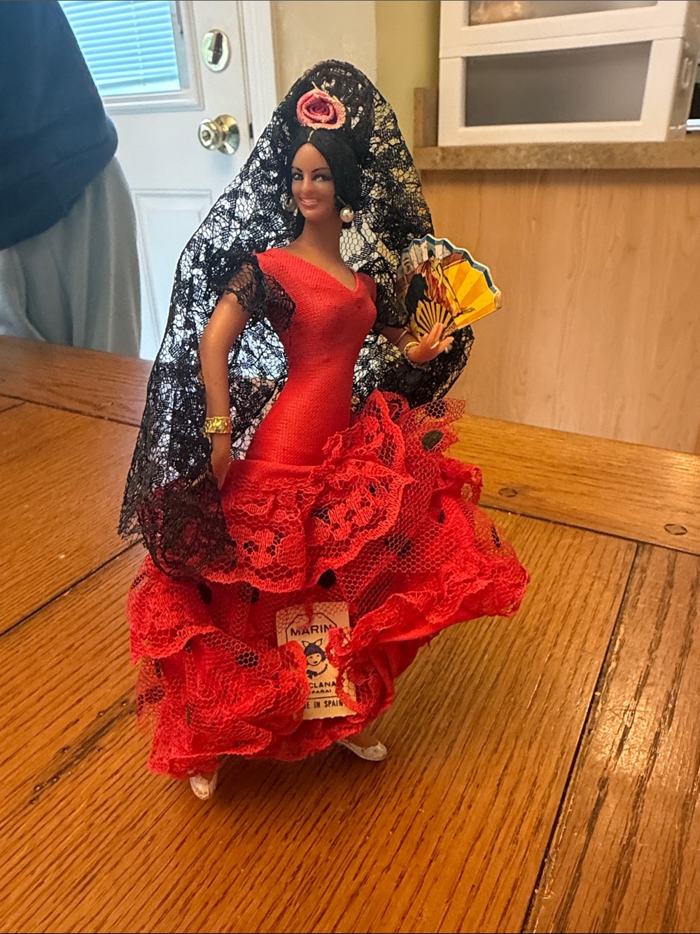 MARINA Red Flamenco Figurine with Black Lace Mantilla and Yellow Fan